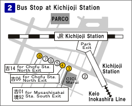 2.Bus Stop at Kichijoji Station: Go out the South Exit, and get on the bus at bus stop 3 or 4 or 8.