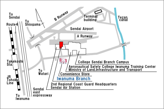 The map of Iwanuma Branch: Please take a taxi from Sendai Airport or JR Tatekoshi Station.